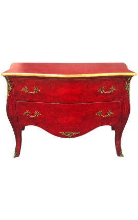 Μεγάλη μπαρόκ συρταριέρα κόκκινη φτελιά στυλ Louis XV, χρυσά μπρονζέ