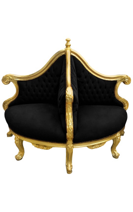 Barokowy fotel Borne z czarnej aksamitnej tkaniny i pozłacanego drewna