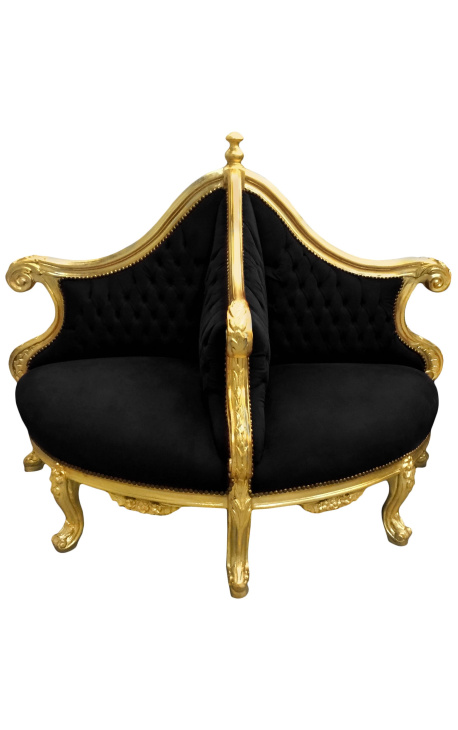 Fauteuil borne baroque tissu velours noir et bois doré