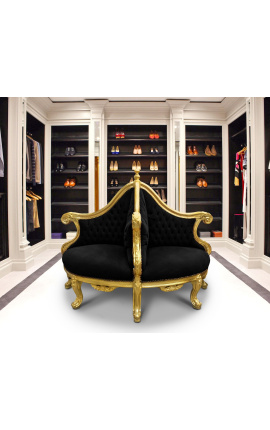 Barokowy fotel Borne z czarnej aksamitnej tkaniny i pozłacanego drewna