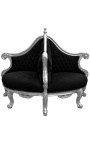 Barokowy fotel Borne z czarnej aksamitnej tkaniny i srebrnego drewna