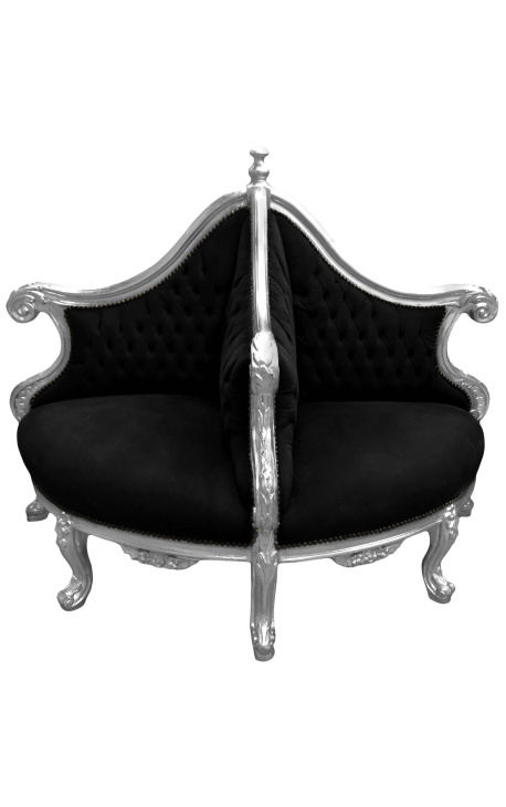 Fauteuil borne baroque tissu velours noir et bois argent