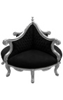 Fauteuil borne baroque tissu velours noir et bois argent