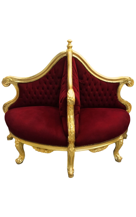 Fauteuil borne baroque tissu velours bordeaux et bois doré