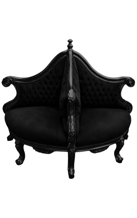 Baročni fotelj Borne iz črnega žametnega blaga in sijajnega črnega lesa