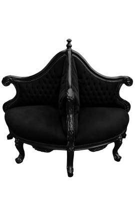 Fauteuil borne baroque tissu velours noir et bois laqué noir