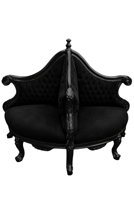 Barokowy fotel Borne z czarnej aksamitnej tkaniny i błyszczącego czarnego drewna