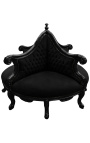 Barocker Borne-Sessel aus schwarzem Samtstoff und glänzend schwarzem Holz