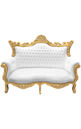 Barroco rococo 2 sofá de cuero blanco y madera de oro