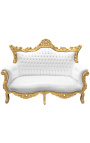 Sofá barroco rococó de 2 lugares couro sintético branco e madeira dourada
