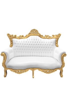 Sofa 2-osobowa w stylu barokowym rokoko biała ekoskóra i złote drewno