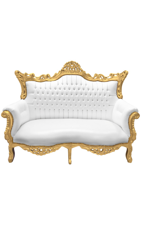 Baročni rokoko dvosed kavč belo usnje in zlat les
