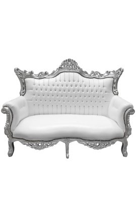 Barock Rokoko 2-Sitzer Sofa aus weißem Kunstleder und silbernem Holz