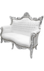 Barockes Rokoko-2-Sitzer-Sofa aus weißem Kunstleder und silbernem Holz