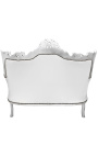 Barockes Rokoko-2-Sitzer-Sofa aus weißem Kunstleder und silbernem Holz