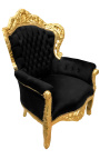 Duży fotel w stylu barokowym tkanina czarny aksamit i złote drewno