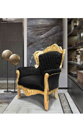 Gran sillón estilo barroco tela terciopelo negro y madera de oro