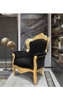 Didelis baroko stiliaus fotelio audinys juodas aksomas ir aukso mediena