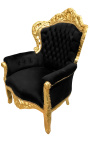 Didelis baroko stiliaus fotelio audinys juodas aksomas ir aukso mediena