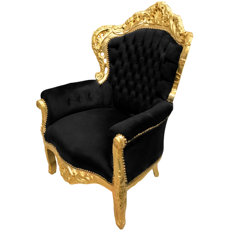 Big baroque style armchair black velvet fabric and gold wood