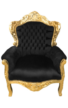 Poltrona grande estilo barroco em tecido de veludo preto e madeira dourada
