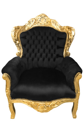 Grand fauteuil de style Baroque tissu velours noir et bois doré