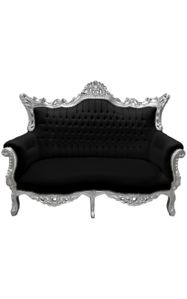 Sofa 2-osobowa w stylu barokowym rokoko czarna ekoskóra i srebrne drewno
