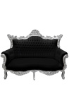 Barockes Rokoko-2-Sitzer-Sofa aus schwarzem Kunstleder und silbernem Holz