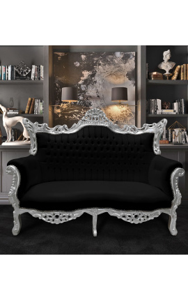 Sofá barroco rococó de 2 lugares couro sintético preto e madeira prateada