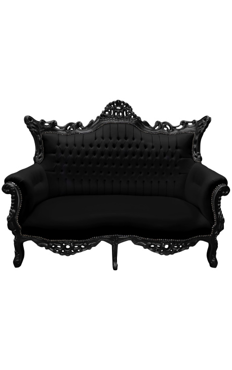 Barroco rococo 2 sofá de cuero negro y madera de plata