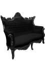 Sofá barroco rococó de 2 lugares couro sintético preto e madeira preta