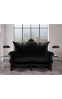 Barokk rokokko 2-seters sofa svart skinn og sølvtre