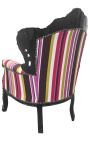 Grand fauteuil de style baroque rayé multicolore et bois noir