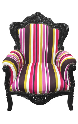 Gran sillón estilo barroco multicolor rayado y madera negra