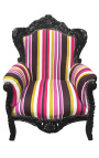 Gran sillón estilo barroco multicolor rayado y madera negra