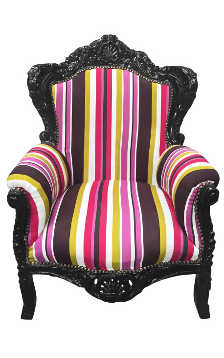 Grand fauteuil de style baroque rayé multicolore et bois noir