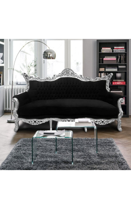 Sofá barroco rococó de 3 lugares veludo preto e madeira prateada