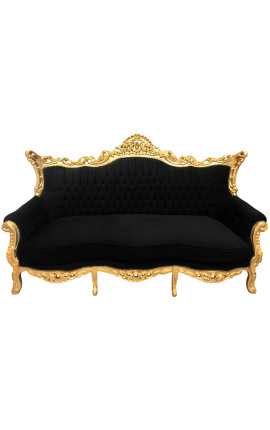 Baročni rokokojski 3-sedežnik iz črnega žameta in zlatega lesa