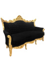 Sofá barroco rococó de 3 lugares veludo preto e madeira dourada