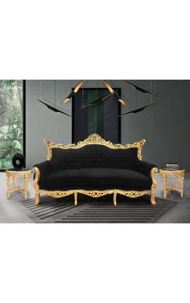 Sofá barroco rococó de 3 lugares veludo preto e madeira dourada