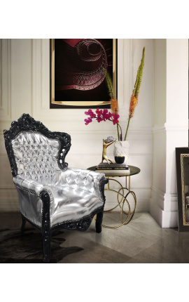 Grand fauteuil de style baroque simili cuir argent et bois noir