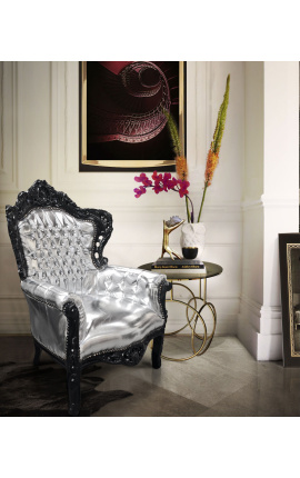 Duży fotel w stylu barokowym ze sztucznej skóry w kolorze srebrnym i czarnym drewnie 