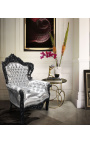 Big baroque style armchair faux leather silver and black wood 