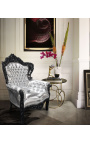 Grand fauteuil de style baroque simili cuir argent et bois noir