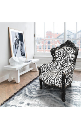 Grote fauteuil in barokstijl zebra stof en zwart gelakt hout