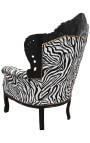 Duży fotel w stylu barokowym z tkaniny zebra i lakierowanego na czarno drewna