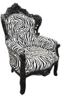 Grand fauteuil de style baroque tissu zèbre et bois laqué noir