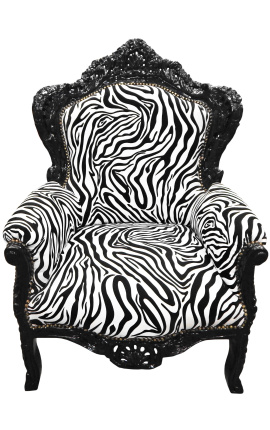 Duży fotel w stylu barokowym z tkaniny zebra i lakierowanego na czarno drewna