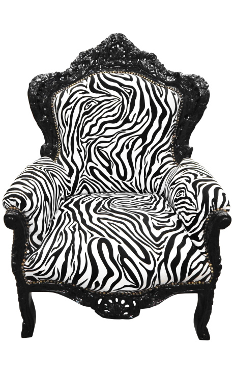 Velik baročni fotelj iz tkanine zebra in črno lakiran les