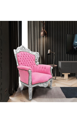 Gran sillón de estilo barroco terciopelo rosa y plata de madera